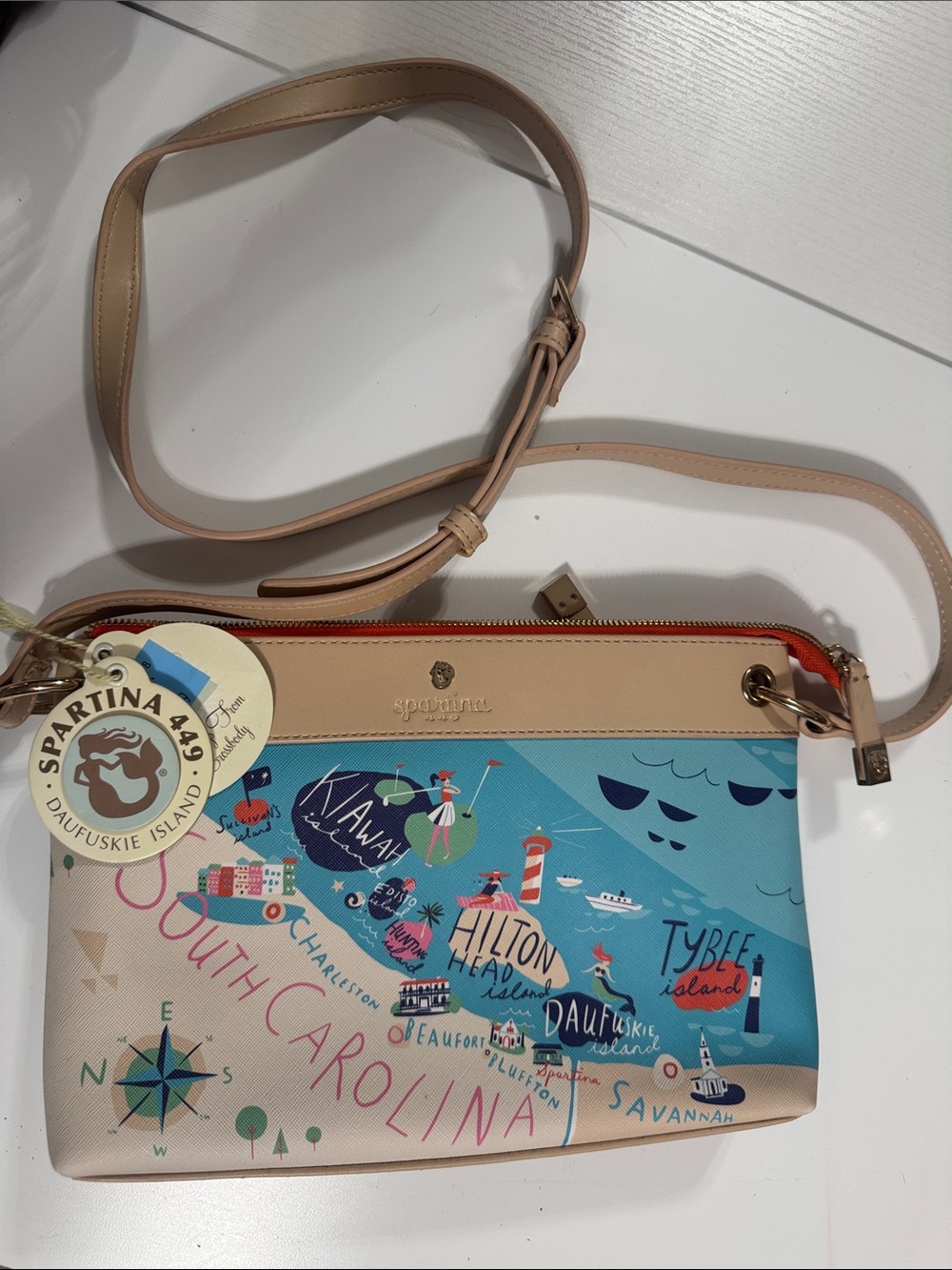 Spartina 449 South Carolina Map Crossbody in Tan and Blue